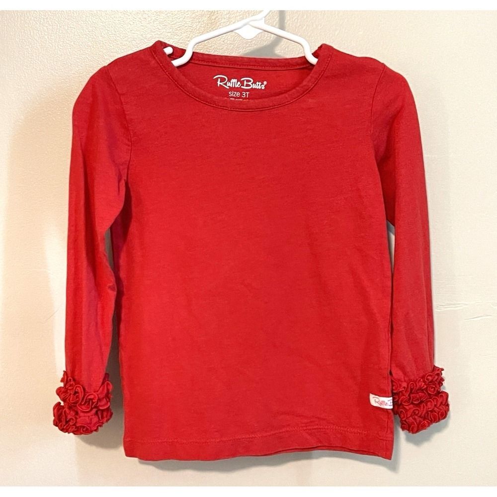 Ruffle Butts 3T Girls Ruffle Top | Solid Red Long Sleeve
